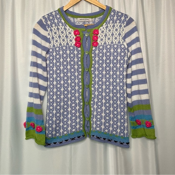 MISSLOOK Periwinkle, White, Blue, Lime Green and Pink Flower Rosette Sweater - Picture 6 of 9